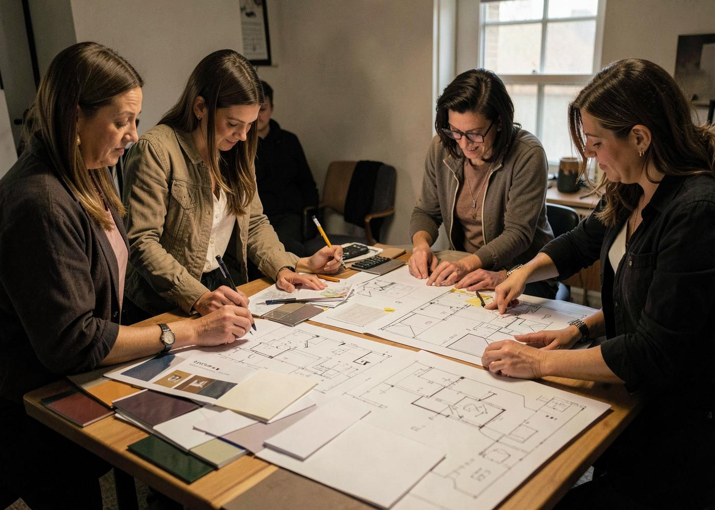 The Art Touch designers reviewing floor plans and material samples